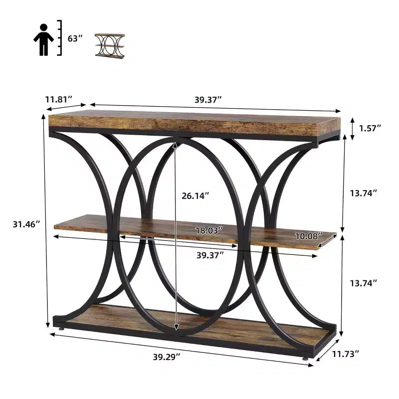 Tavolo console a 3 ripiani nero/marrone/oro e bianco/grigio per 1 persona, struttura in metallo e piano in legno, ingresso/corridoio