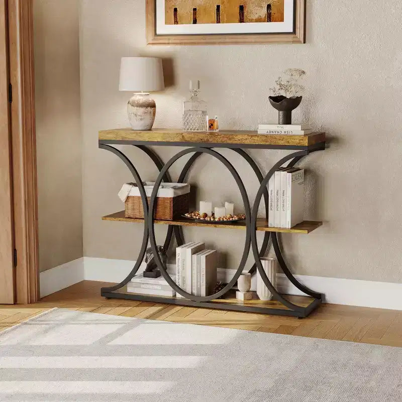 Tavolo console a 3 ripiani nero/marrone/oro e bianco/grigio per 1 persona, struttura in metallo e piano in legno, ingresso/corridoio