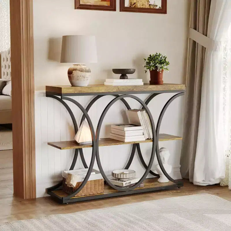 Tavolo console a 3 ripiani nero/marrone/oro e bianco/grigio per 1 persona, struttura in metallo e piano in legno, ingresso/corridoio