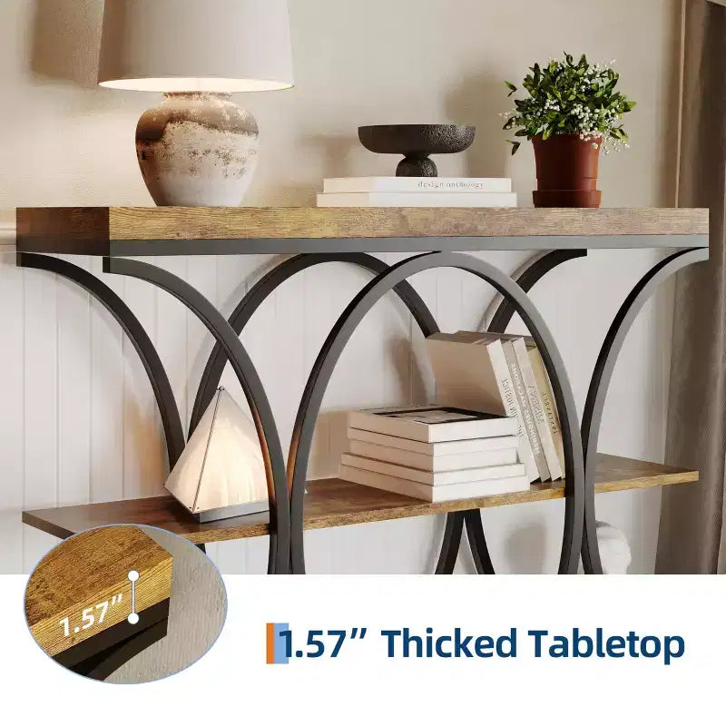 Tavolo console a 3 ripiani nero/marrone/oro e bianco/grigio per 1 persona, struttura in metallo e piano in legno, ingresso/corridoio