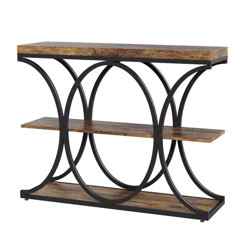 Tavolo console a 3 ripiani nero/marrone/oro e bianco/grigio per 1 persona, struttura in metallo e piano in legno, ingresso/corridoio