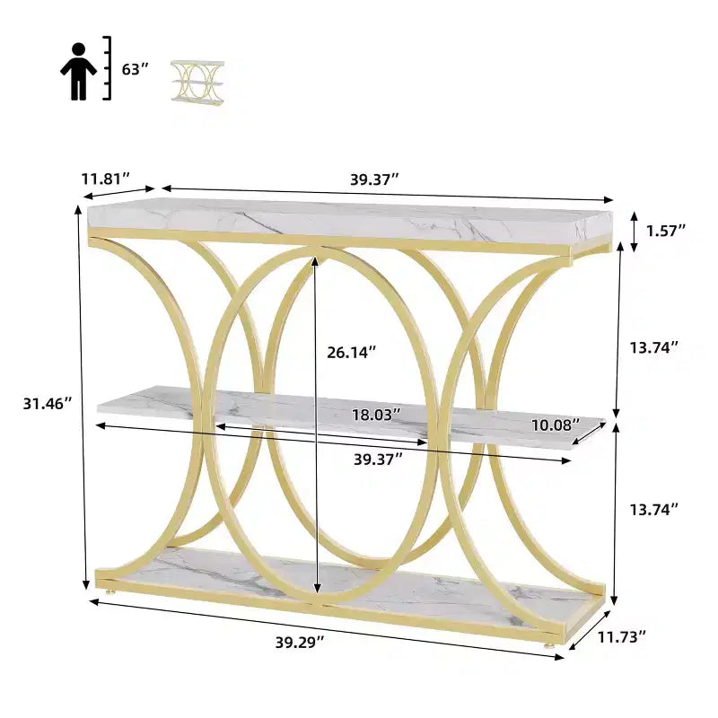 Tavolo console a 3 ripiani nero/marrone/oro e bianco/grigio per 1 persona, struttura in metallo e piano in legno, ingresso/corridoio