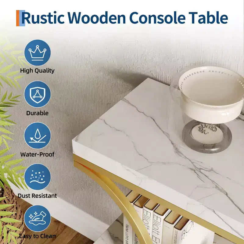 Tavolo console a 3 ripiani nero/marrone/oro e bianco/grigio per 1 persona, struttura in metallo e piano in legno, ingresso/corridoio