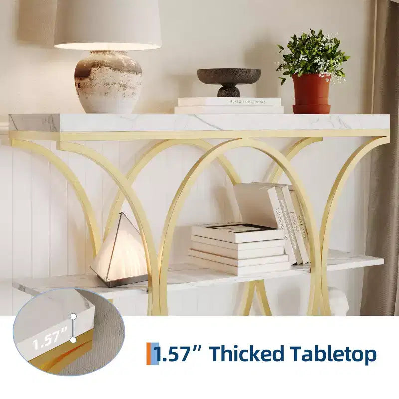 Tavolo console a 3 ripiani nero/marrone/oro e bianco/grigio per 1 persona, struttura in metallo e piano in legno, ingresso/corridoio