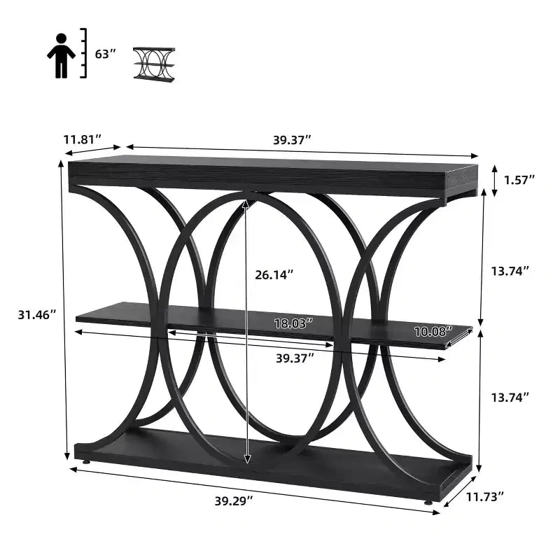 Tavolo console a 3 ripiani nero/marrone/oro e bianco/grigio per 1 persona, struttura in metallo e piano in legno, ingresso/corridoio