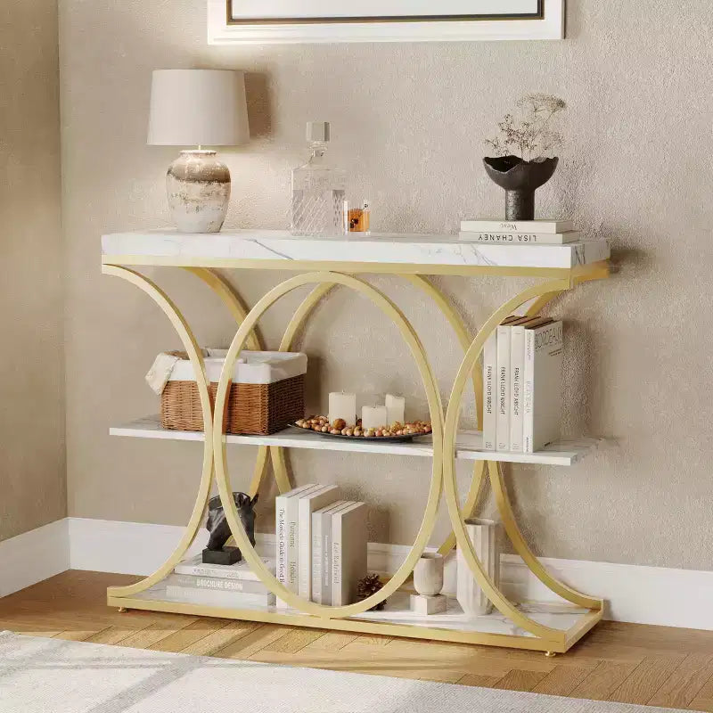 Tavolo console a 3 ripiani nero/marrone/oro e bianco/grigio per 1 persona, struttura in metallo e piano in legno, ingresso/corridoio