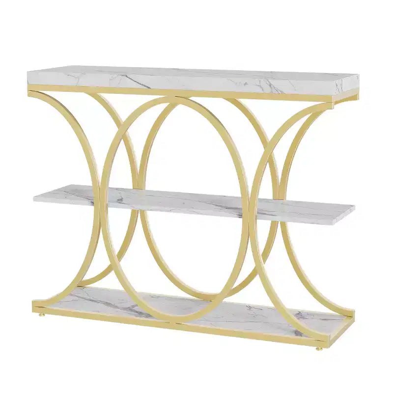 Tavolo console a 3 ripiani nero/marrone/oro e bianco/grigio per 1 persona, struttura in metallo e piano in legno, ingresso/corridoio