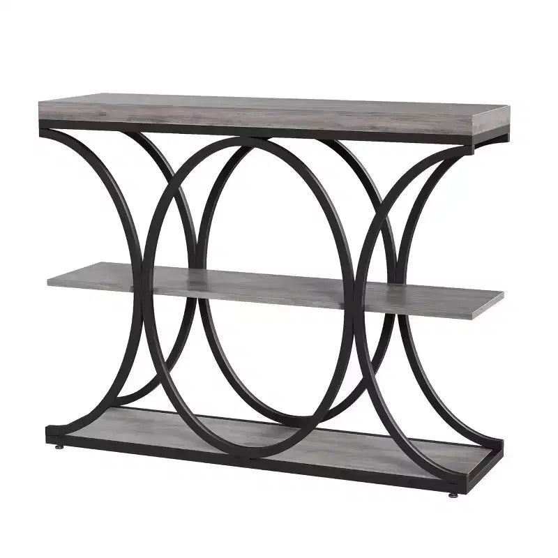 Tavolo console a 3 ripiani nero/marrone/oro e bianco/grigio per 1 persona, struttura in metallo e piano in legno, ingresso/corridoio