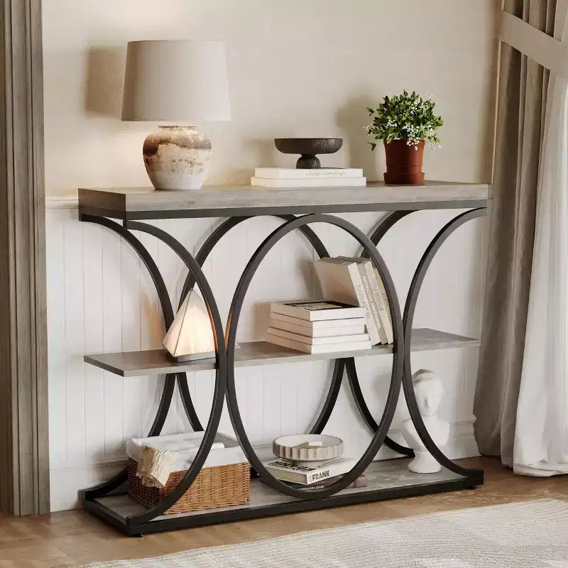 Tavolo console a 3 ripiani nero/marrone/oro e bianco/grigio per 1 persona, struttura in metallo e piano in legno, ingresso/corridoio