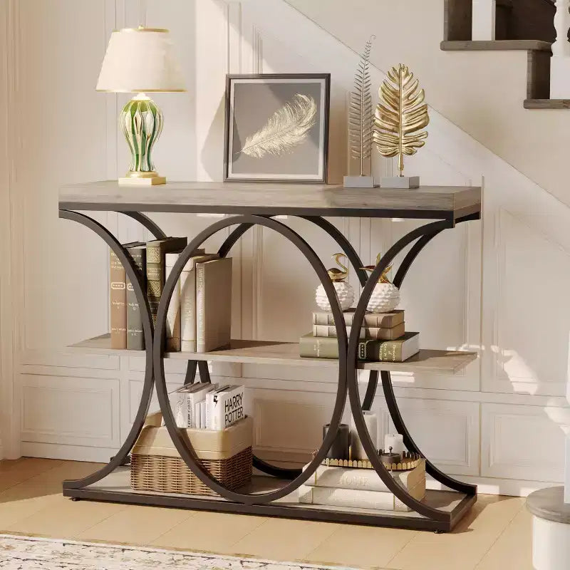Tavolo console a 3 ripiani nero/marrone/oro e bianco/grigio per 1 persona, struttura in metallo e piano in legno, ingresso/corridoio