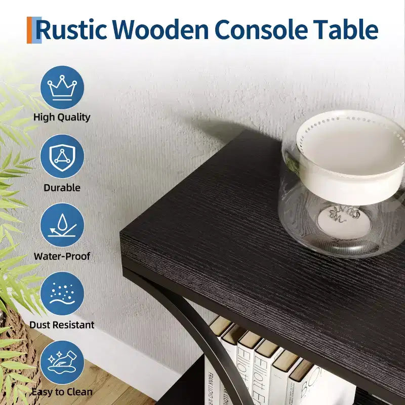 Tavolo console a 3 ripiani nero/marrone/oro e bianco/grigio per 1 persona, struttura in metallo e piano in legno, ingresso/corridoio