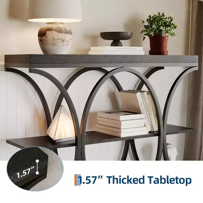 Tavolo console a 3 ripiani nero/marrone/oro e bianco/grigio per 1 persona, struttura in metallo e piano in legno, ingresso/corridoio