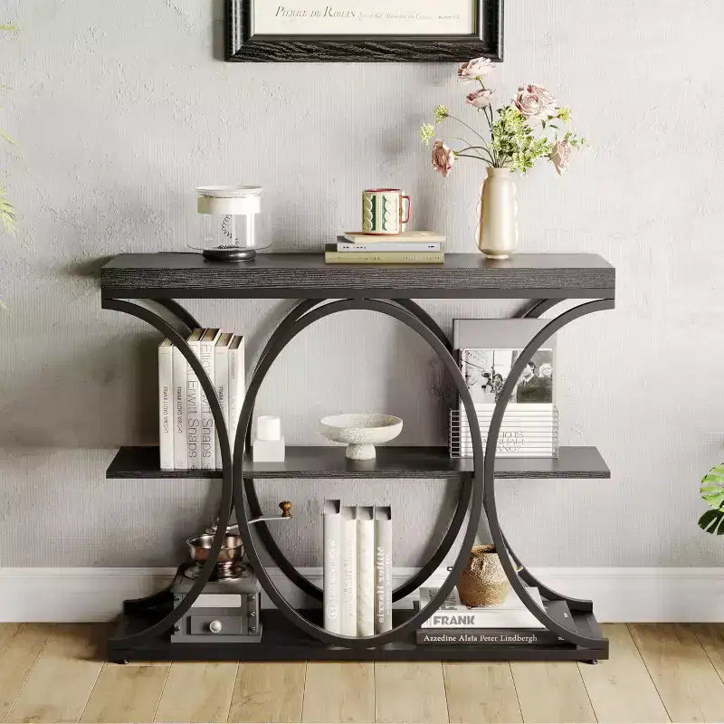 Tavolo console a 3 ripiani nero/marrone/oro e bianco/grigio per 1 persona, struttura in metallo e piano in legno, ingresso/corridoio