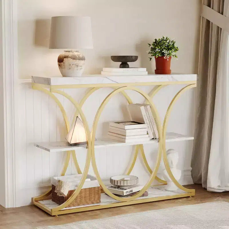 Tavolo console a 3 ripiani nero/marrone/oro e bianco/grigio per 1 persona, struttura in metallo e piano in legno, ingresso/corridoio