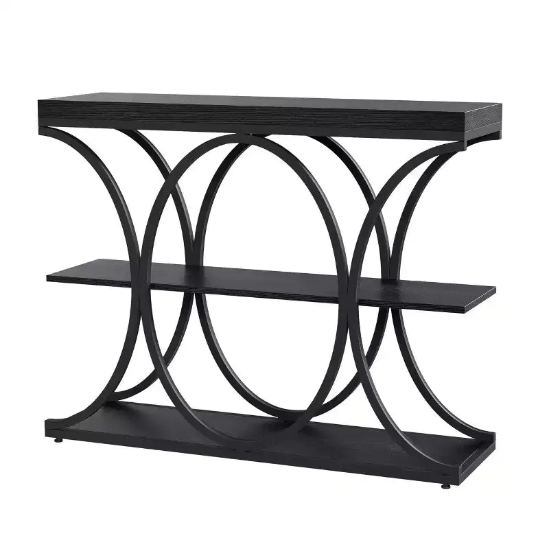Tavolo console a 3 ripiani nero/marrone/oro e bianco/grigio per 1 persona, struttura in metallo e piano in legno, ingresso/corridoio