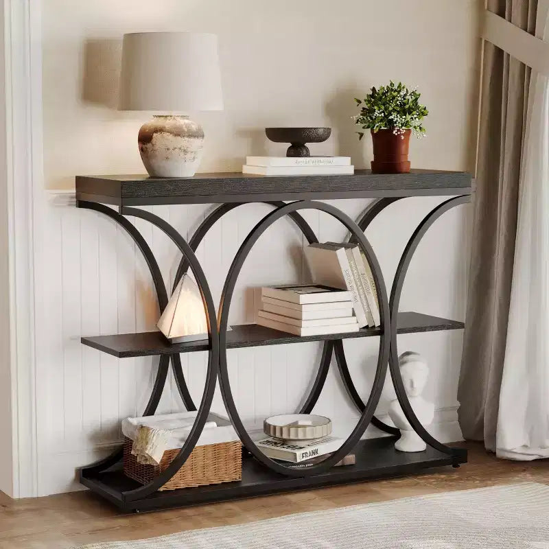 Tavolo console a 3 ripiani nero/marrone/oro e bianco/grigio per 1 persona, struttura in metallo e piano in legno, ingresso/corridoio