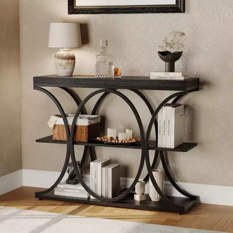 39 Industrial Entryway Table, 3 Tier Narrow Long Sofa Table, Behind Couch Console Table with Metal Frame for Living Room Hallway Foyer