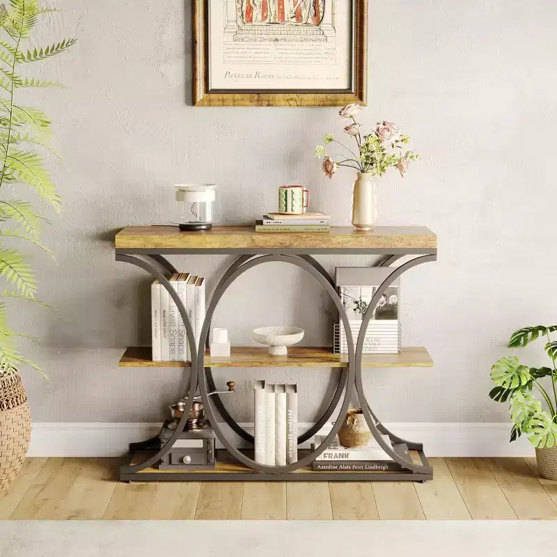 Tavolo console a 3 ripiani nero/marrone/oro e bianco/grigio per 1 persona, struttura in metallo e piano in legno, ingresso/corridoio