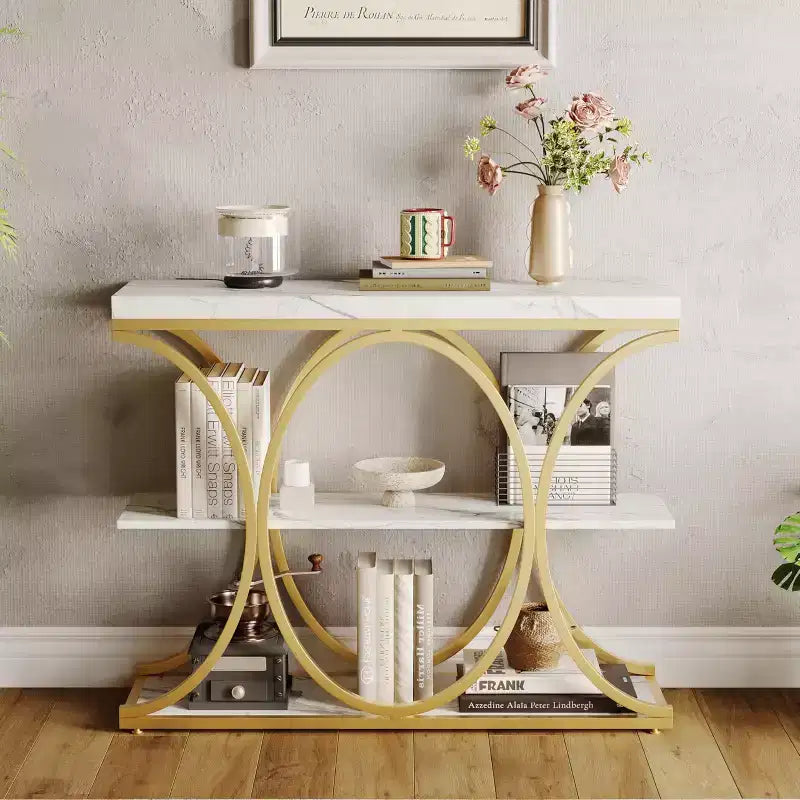 Tavolo console a 3 ripiani nero/marrone/oro e bianco/grigio per 1 persona, struttura in metallo e piano in legno, ingresso/corridoio
