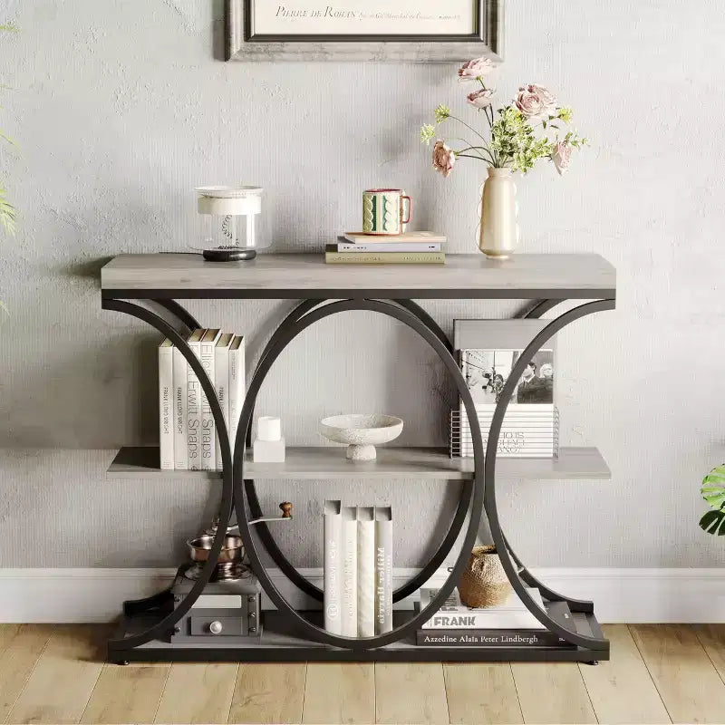 Tavolo console a 3 ripiani nero/marrone/oro e bianco/grigio per 1 persona, struttura in metallo e piano in legno, ingresso/corridoio