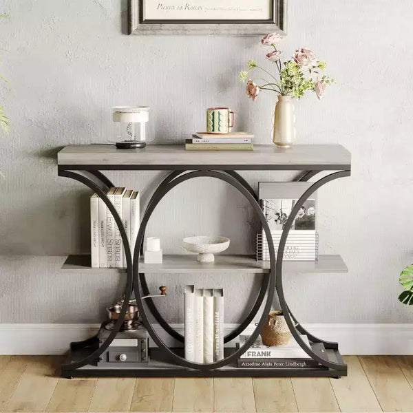 Tavolo console a 3 ripiani nero/marrone/oro e bianco/grigio per 1 persona, struttura in metallo e piano in legno, ingresso/corridoio