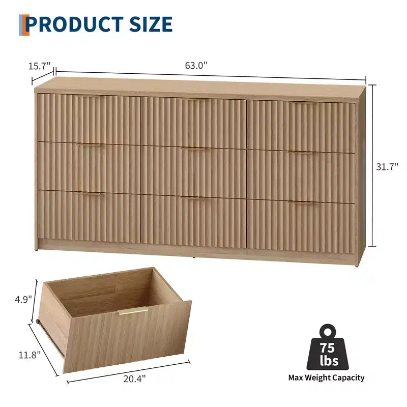 Cassettiera scanalata per camera da letto, cassettiera a 9 cassetti, comò moderno, organizer per armadio in legno per soggiorno ingresso
