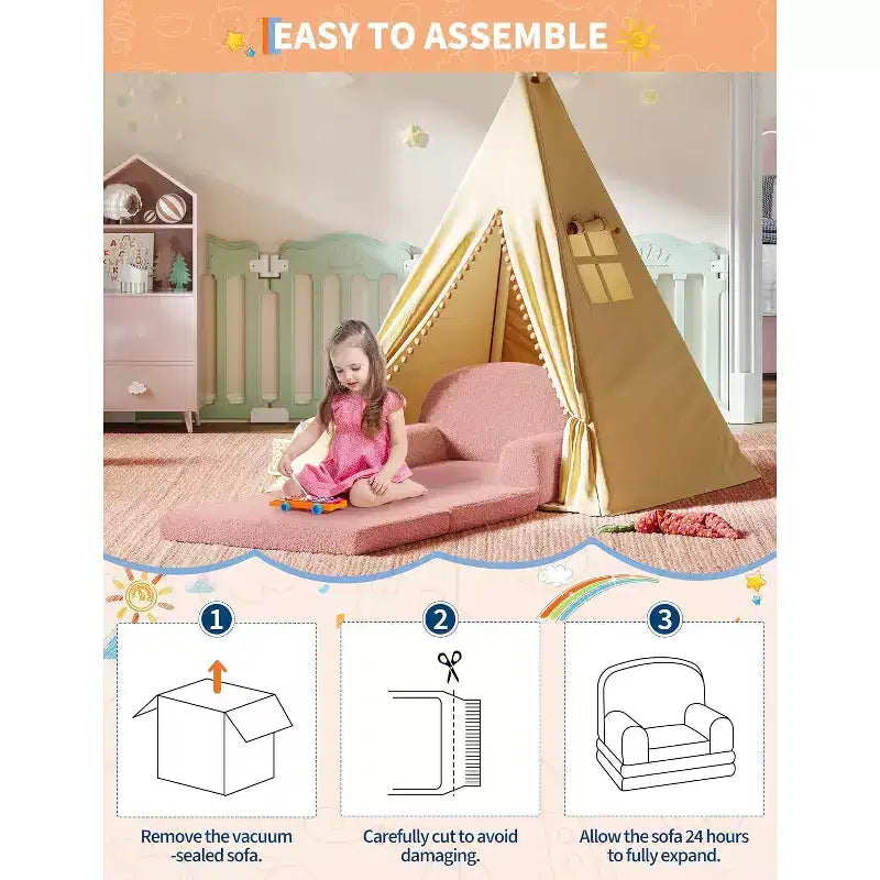Rosa / Bianco, Divano Convertibile 2 in 1 in Pile per Bambini, 1 Posto