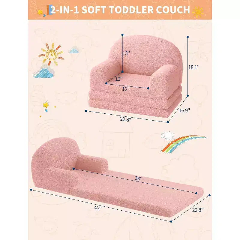 Rosa / Bianco, Divano Convertibile 2 in 1 in Pile per Bambini, 1 Posto