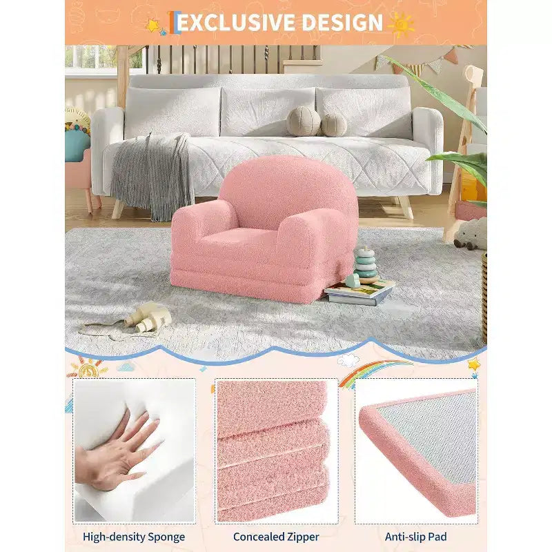 Rosa / Bianco, Divano Convertibile 2 in 1 in Pile per Bambini, 1 Posto