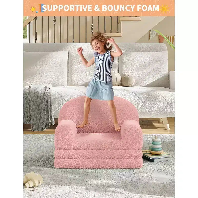 Rosa / Bianco, Divano Convertibile 2 in 1 in Pile per Bambini, 1 Posto