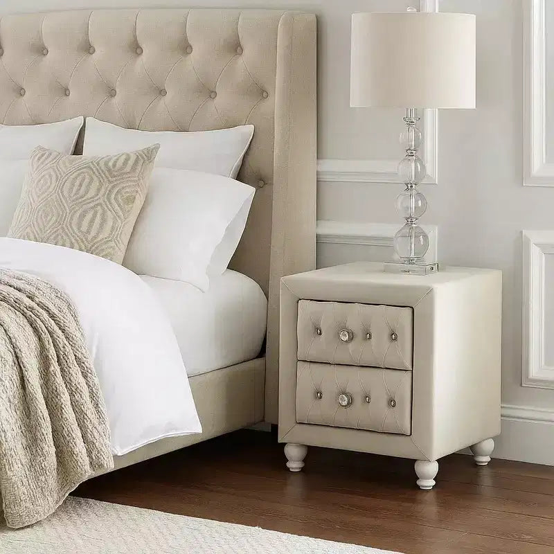 Royal Hampton Nightstand, 2 Drawers, Classic Crystal Tufted Beige Upholstery