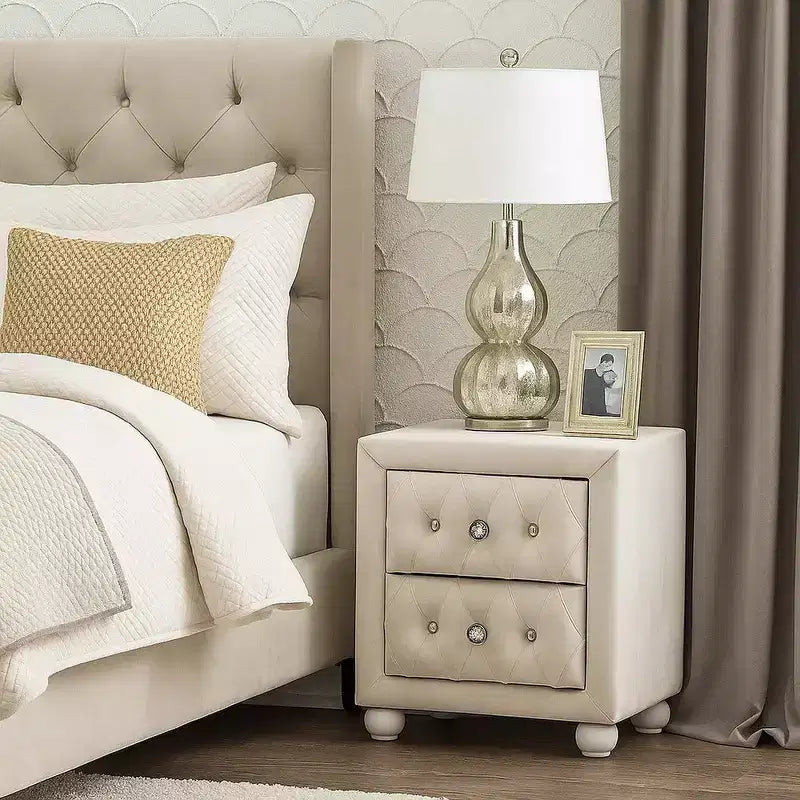 Comodino in tessuto beige, 2 cassetti, trapuntatura in cristallo, per 1