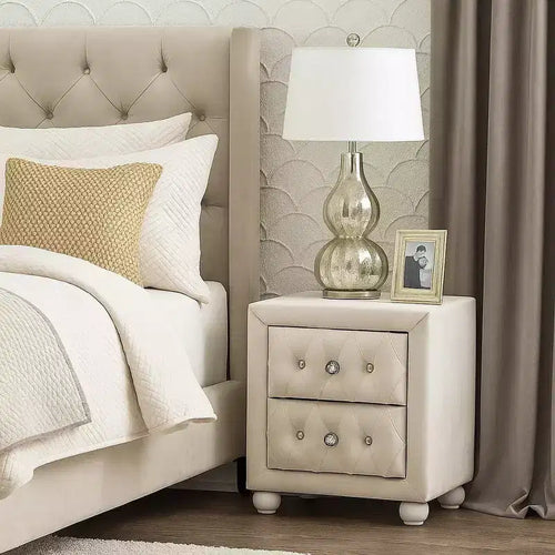 Comodino in tessuto beige, 2 cassetti, trapuntatura in cristallo, per 1