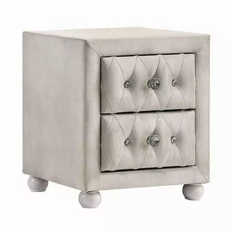 Comodino in tessuto beige, 2 cassetti, trapuntatura in cristallo, per 1