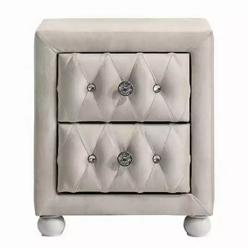 Comodino in tessuto beige, 2 cassetti, trapuntatura in cristallo, per 1