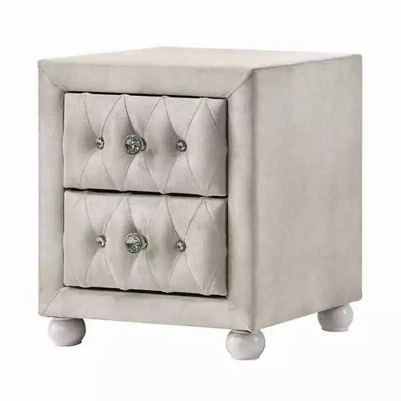 Comodino in tessuto beige, 2 cassetti, trapuntatura in cristallo, per 1
