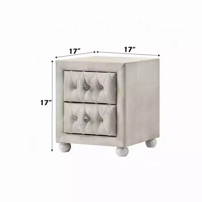 Comodino in tessuto beige, 2 cassetti, trapuntatura in cristallo, per 1