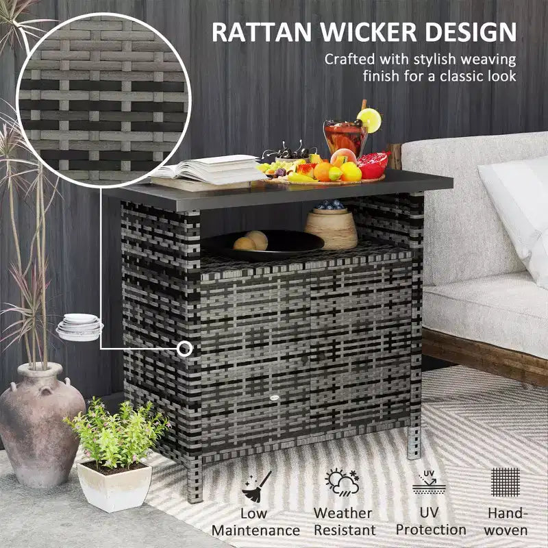 Armadietto da Esterno in Rattan PE Grigio/Grigio Misto con 2 Ante e Ripiano, Montaggio da 1 Persona