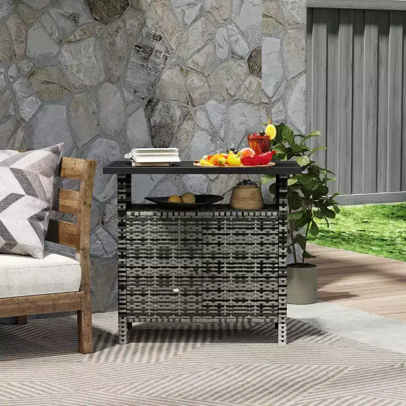 Armadietto da Esterno in Rattan PE Grigio/Grigio Misto con 2 Ante e Ripiano, Montaggio da 1 Persona