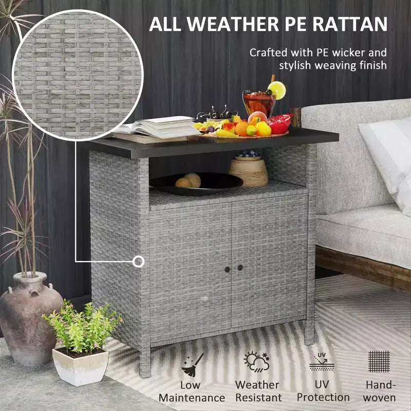 Armadietto da Esterno in Rattan PE Grigio/Grigio Misto con 2 Ante e Ripiano, Montaggio da 1 Persona