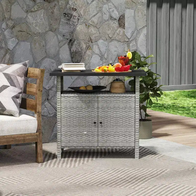 Armadietto da Esterno in Rattan PE Grigio/Grigio Misto con 2 Ante e Ripiano, Montaggio da 1 Persona