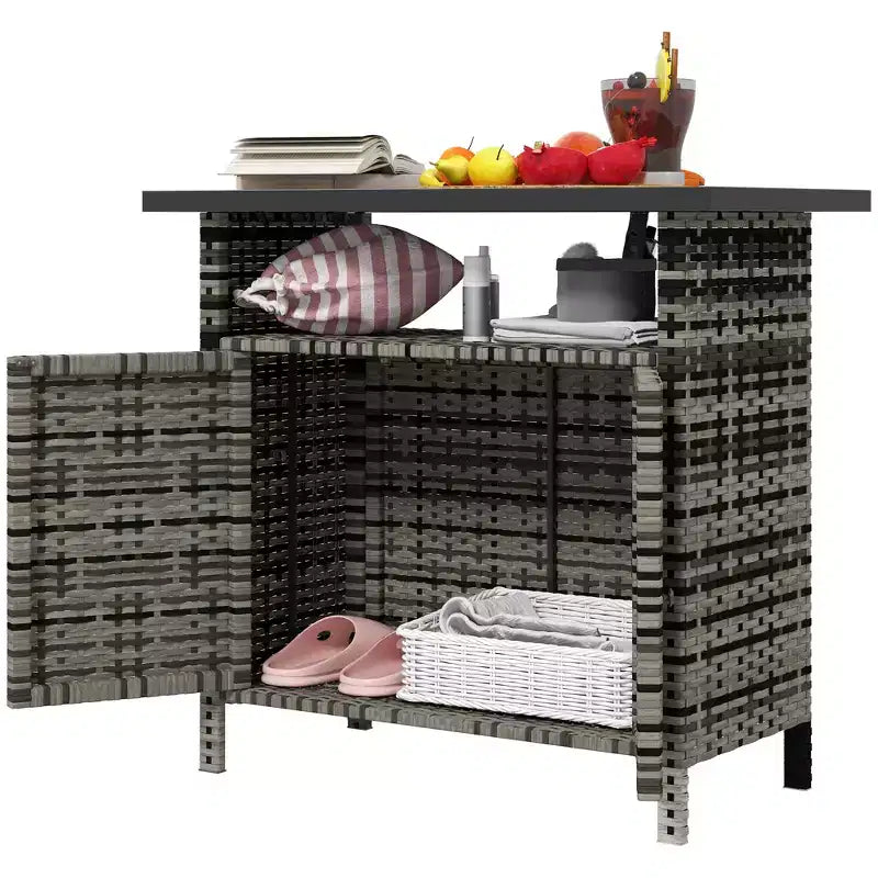 Armadietto da Esterno in Rattan PE Grigio/Grigio Misto con 2 Ante e Ripiano, Montaggio da 1 Persona
