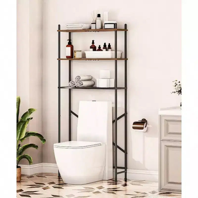 Mensola da bagno autoportante a 3 ripiani per WC, Marrone Rustico e Nero