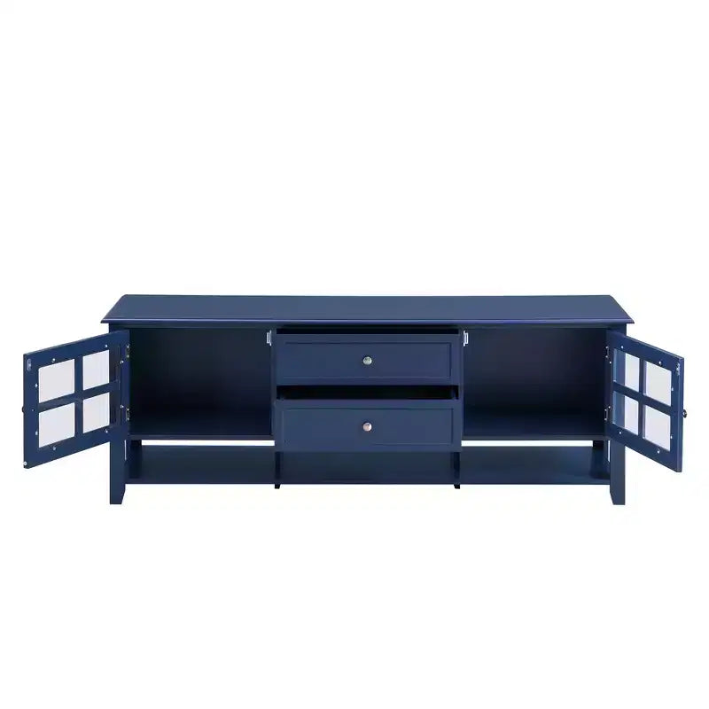 Mobile TV blu/grigio con ante e cassetti, adatto per TV fino a 60", per 1-2 persone