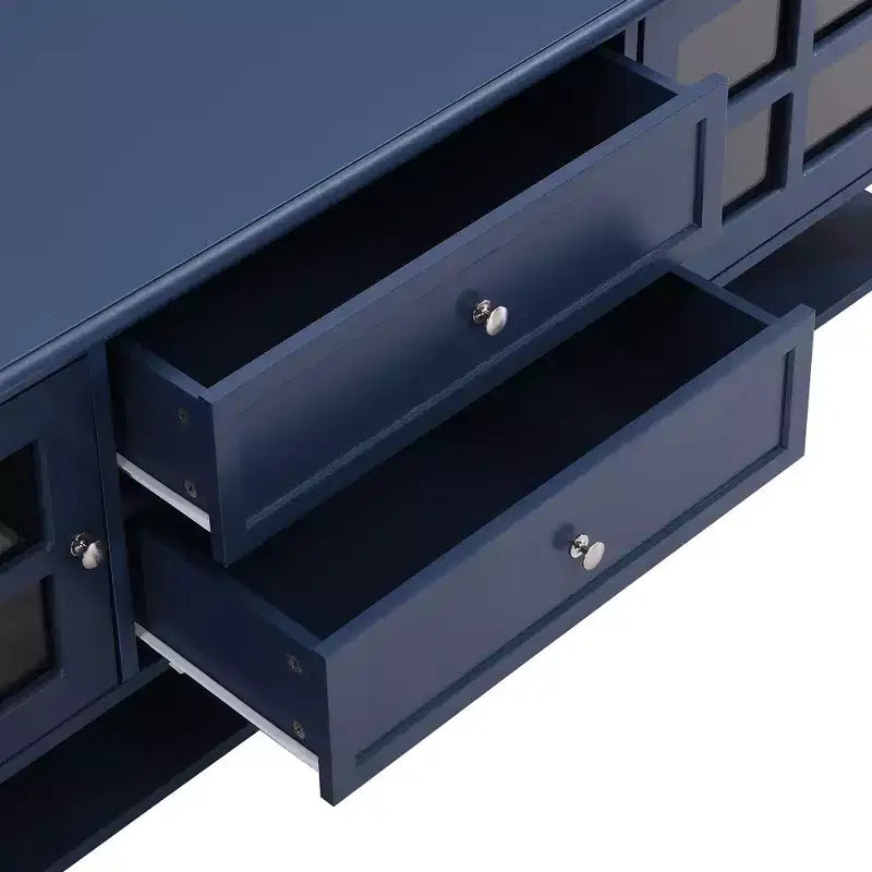 Mobile TV blu/grigio con ante e cassetti, adatto per TV fino a 60", per 1-2 persone
