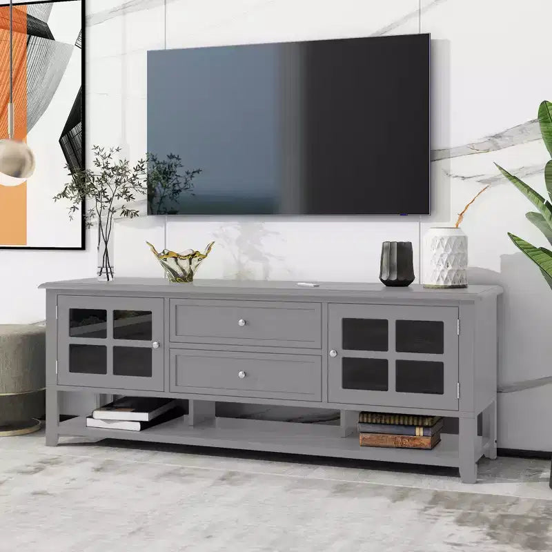 Mobile TV blu/grigio con ante e cassetti, adatto per TV fino a 60", per 1-2 persone