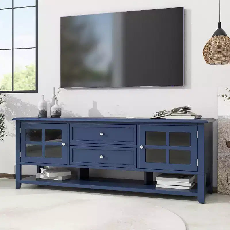 Mobile TV blu/grigio con ante e cassetti, adatto per TV fino a 60", per 1-2 persone