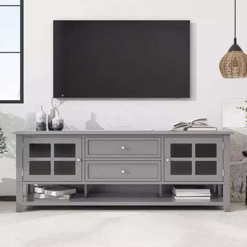 Mobile TV blu/grigio con ante e cassetti, adatto per TV fino a 60", per 1-2 persone