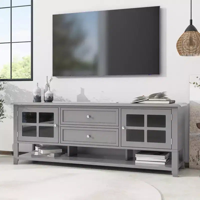 Mobile TV blu/grigio con ante e cassetti, adatto per TV fino a 60", per 1-2 persone