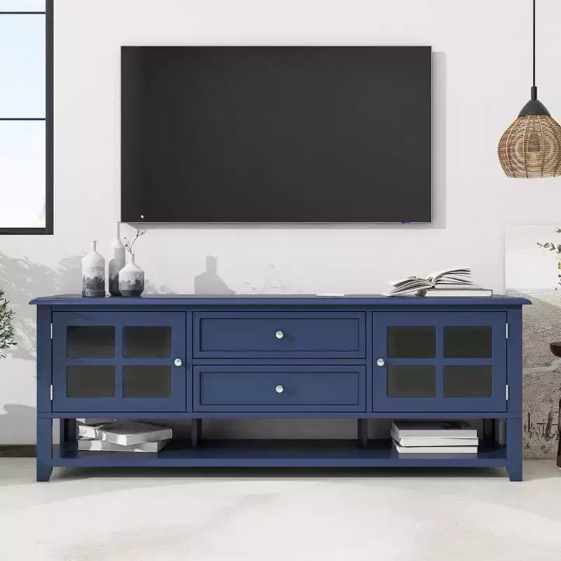 Mobile TV blu/grigio con ante e cassetti, adatto per TV fino a 60", per 1-2 persone
